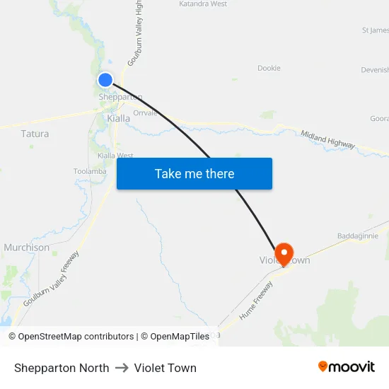 Shepparton North to Violet Town map
