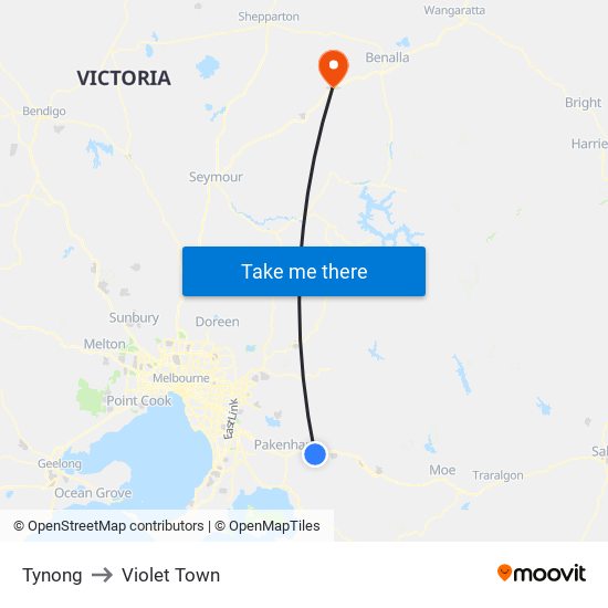Tynong to Violet Town map
