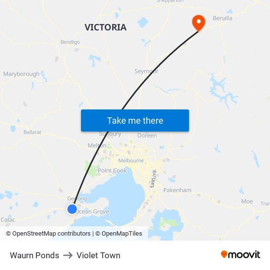 Waurn Ponds to Violet Town map