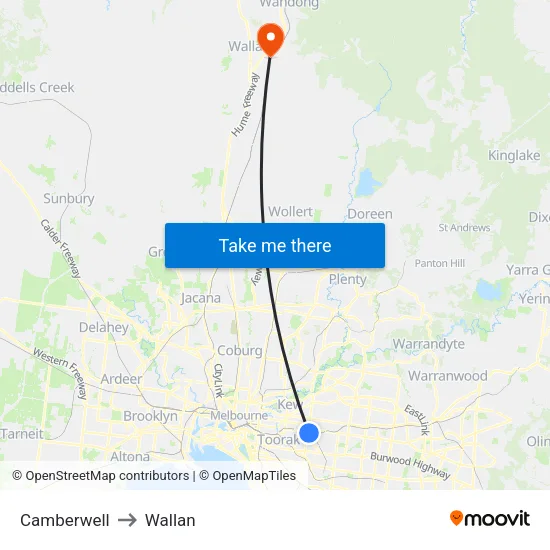 Camberwell to Wallan map