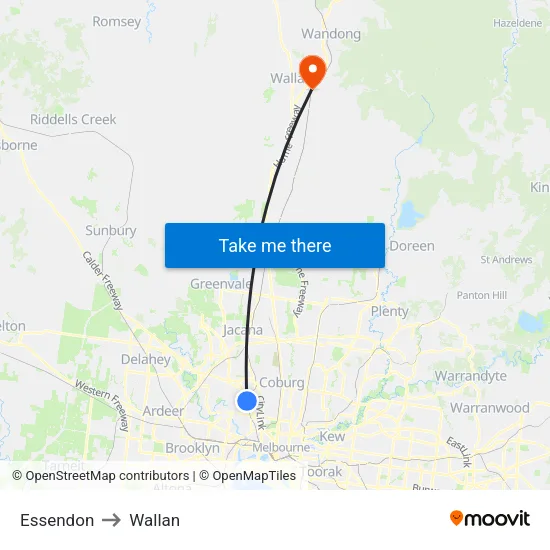 Essendon to Wallan map