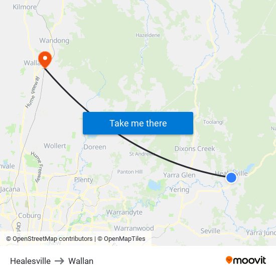 Healesville to Wallan map