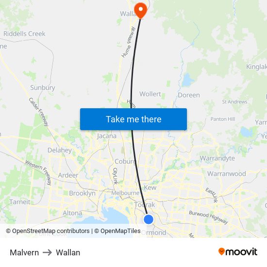 Malvern to Wallan map