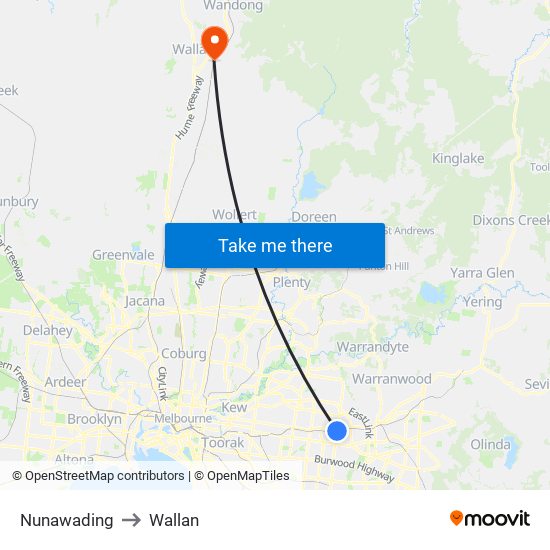 Nunawading to Wallan map