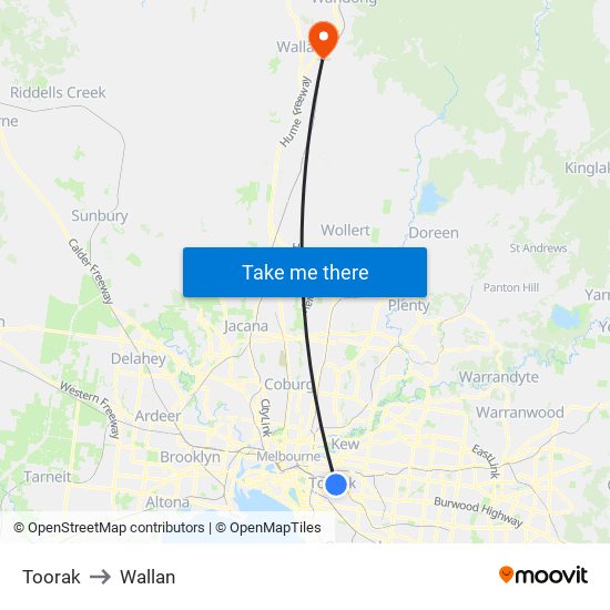 Toorak to Wallan map