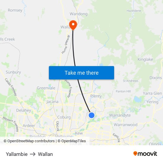 Yallambie to Wallan map