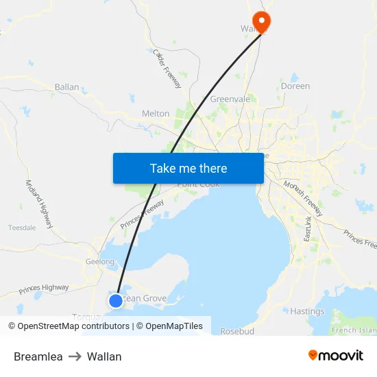 Breamlea to Wallan map