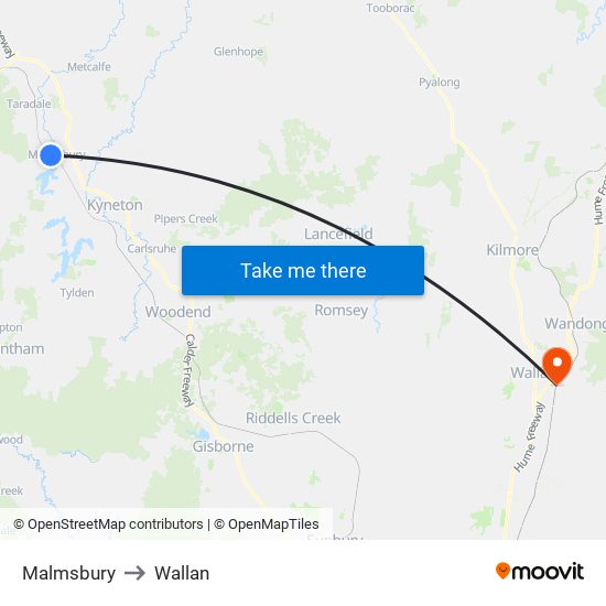 Malmsbury to Wallan map