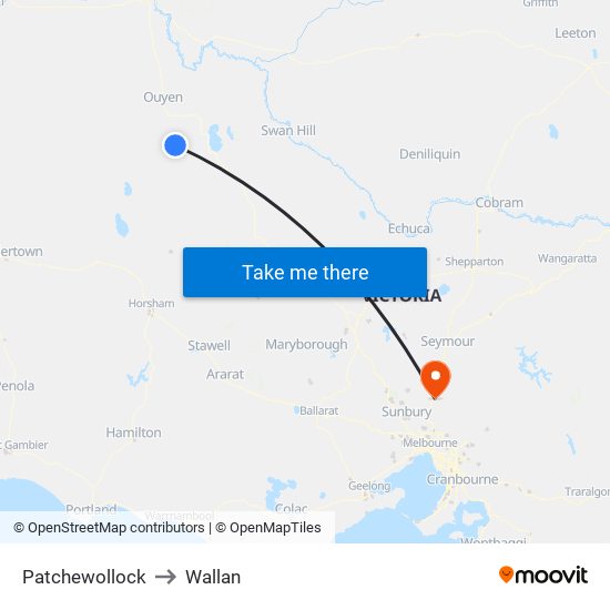 Patchewollock to Wallan map