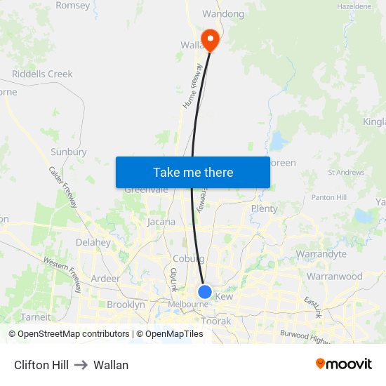 Clifton Hill to Wallan map