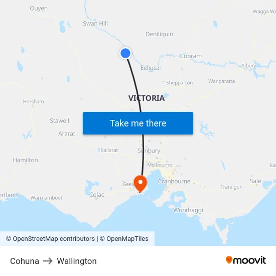 Cohuna to Wallington map