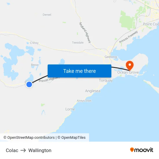 Colac to Wallington map