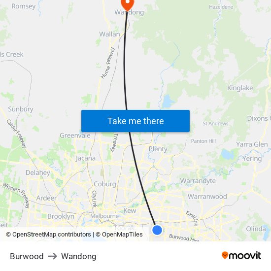 Burwood to Wandong map