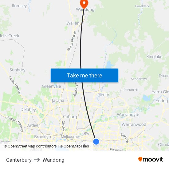 Canterbury to Wandong map