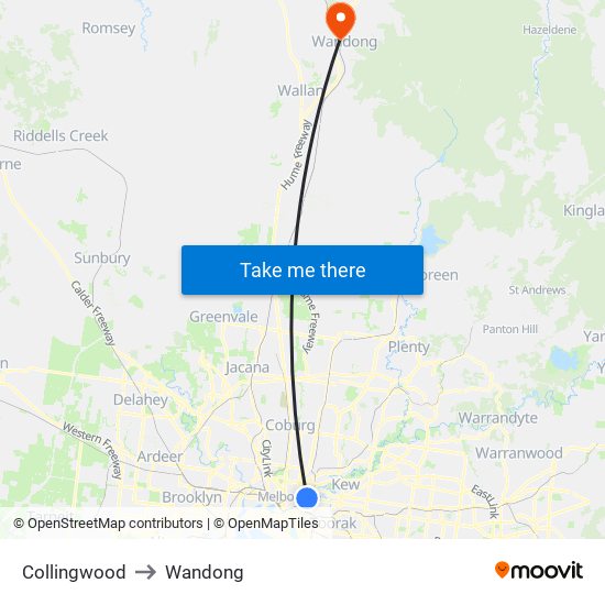 Collingwood to Wandong map