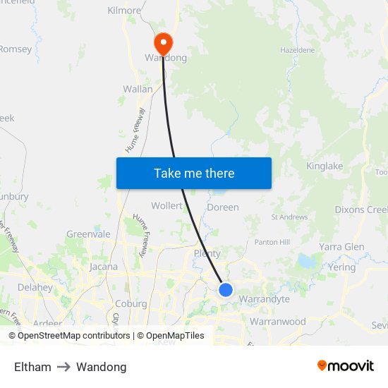 Eltham to Wandong map