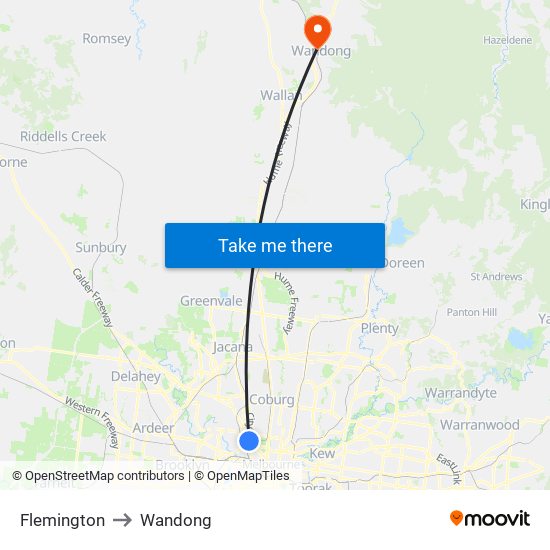 Flemington to Wandong map