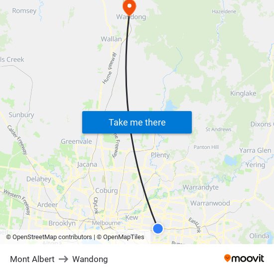 Mont Albert to Wandong map