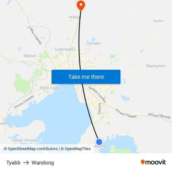 Tyabb to Wandong map