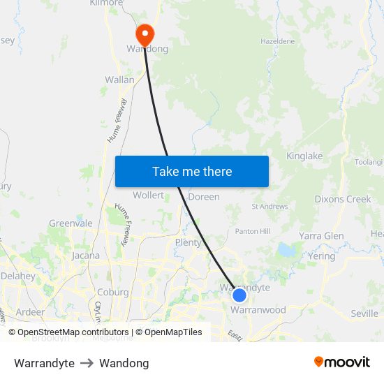 Warrandyte to Wandong map