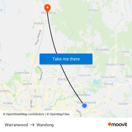 Warranwood to Wandong map