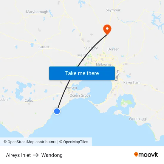 Aireys Inlet to Wandong map