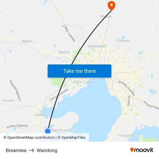 Breamlea to Wandong map