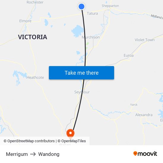Merrigum to Wandong map