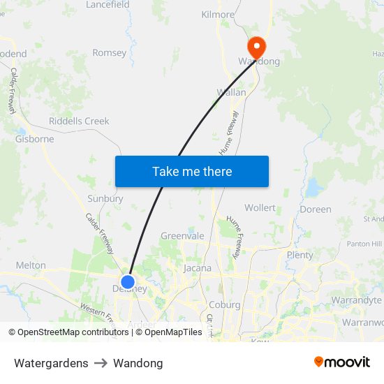 Watergardens to Wandong map