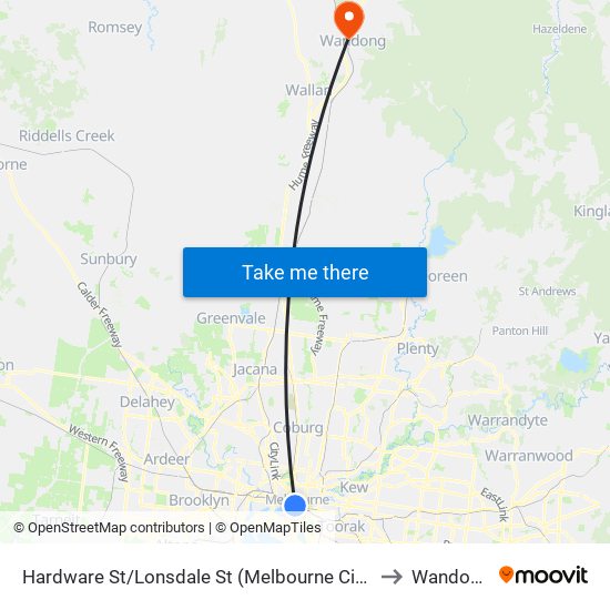 Hardware St/Lonsdale St (Melbourne City) to Wandong map
