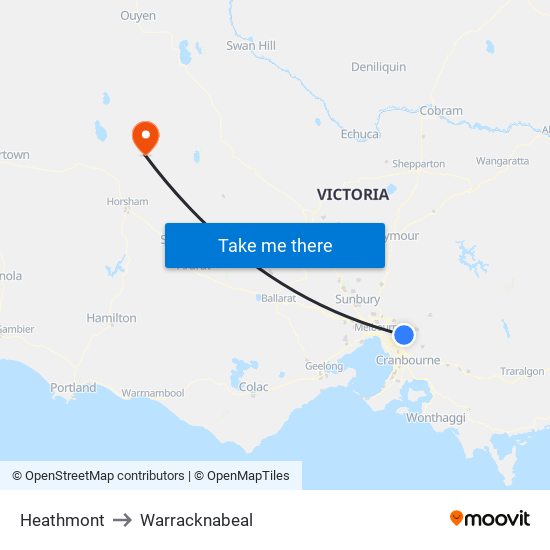 Heathmont to Warracknabeal map