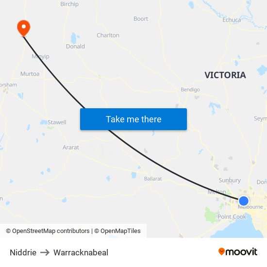 Niddrie to Warracknabeal map