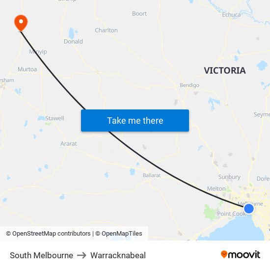 South Melbourne to Warracknabeal map