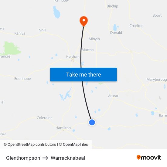 Glenthompson to Warracknabeal map