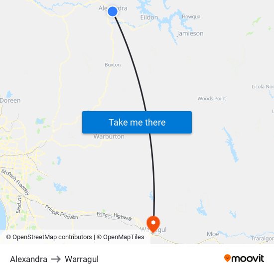 Alexandra to Warragul map