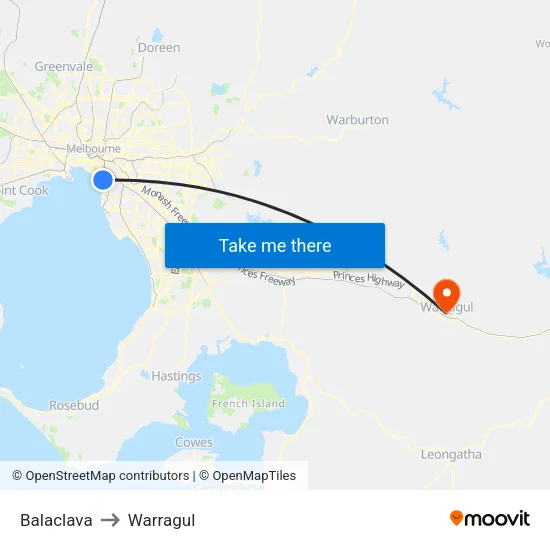Balaclava to Warragul map