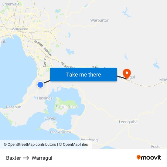 Baxter to Warragul map