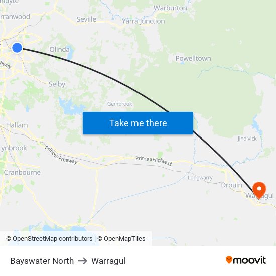 Bayswater North to Warragul map