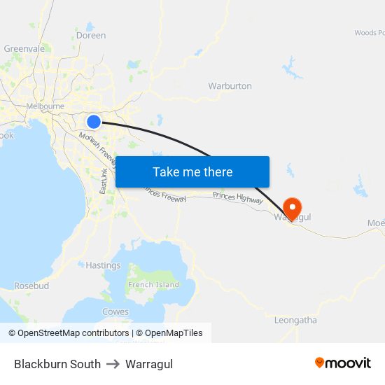 Blackburn South to Warragul map