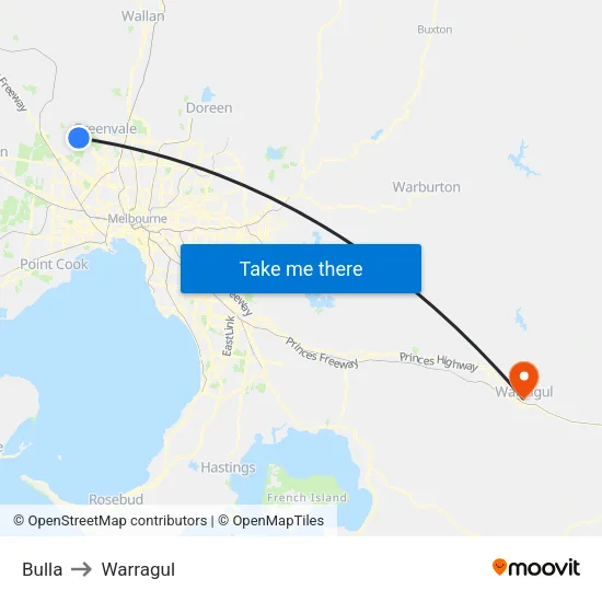 Bulla to Warragul map