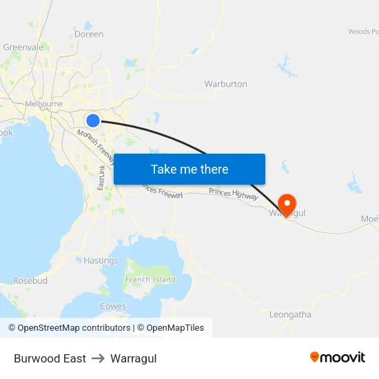 Burwood East to Warragul map