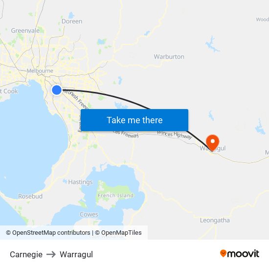 Carnegie to Warragul map