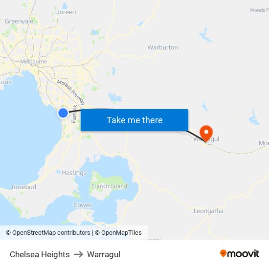 Chelsea Heights to Warragul map