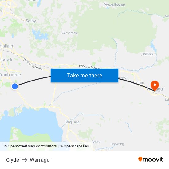 Clyde to Warragul map