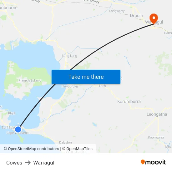 Cowes to Warragul map