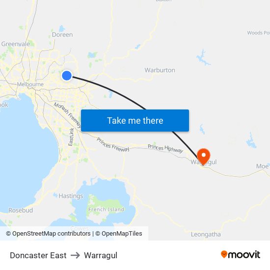 Doncaster East to Warragul map