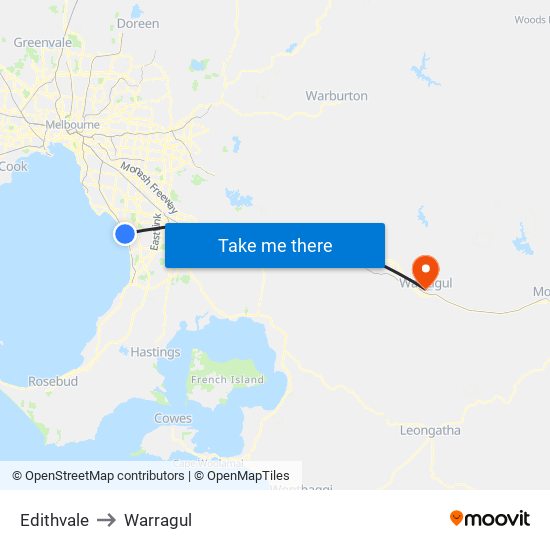 Edithvale to Warragul map