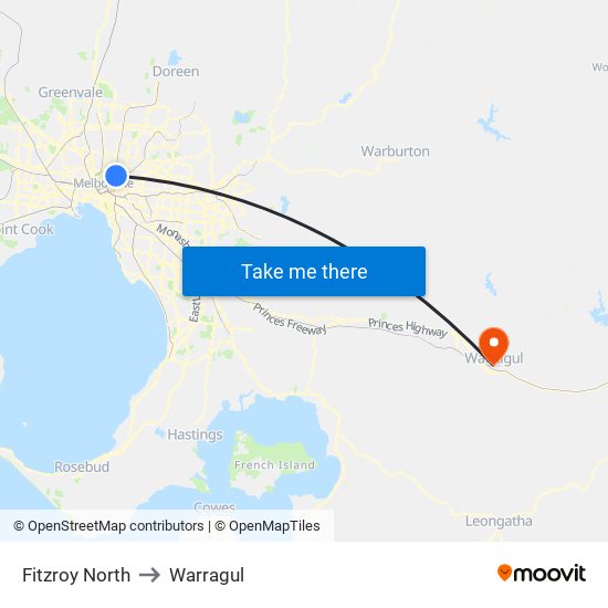 Fitzroy North to Warragul map