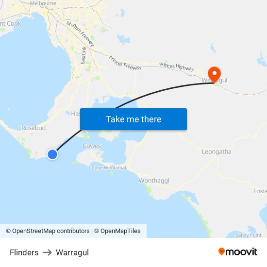 Flinders to Warragul map