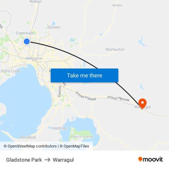 Gladstone Park to Warragul map